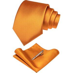 Men's Pumpkin Orange Solid Color Formal Necktie And Pocket Square Tie Clip Sets